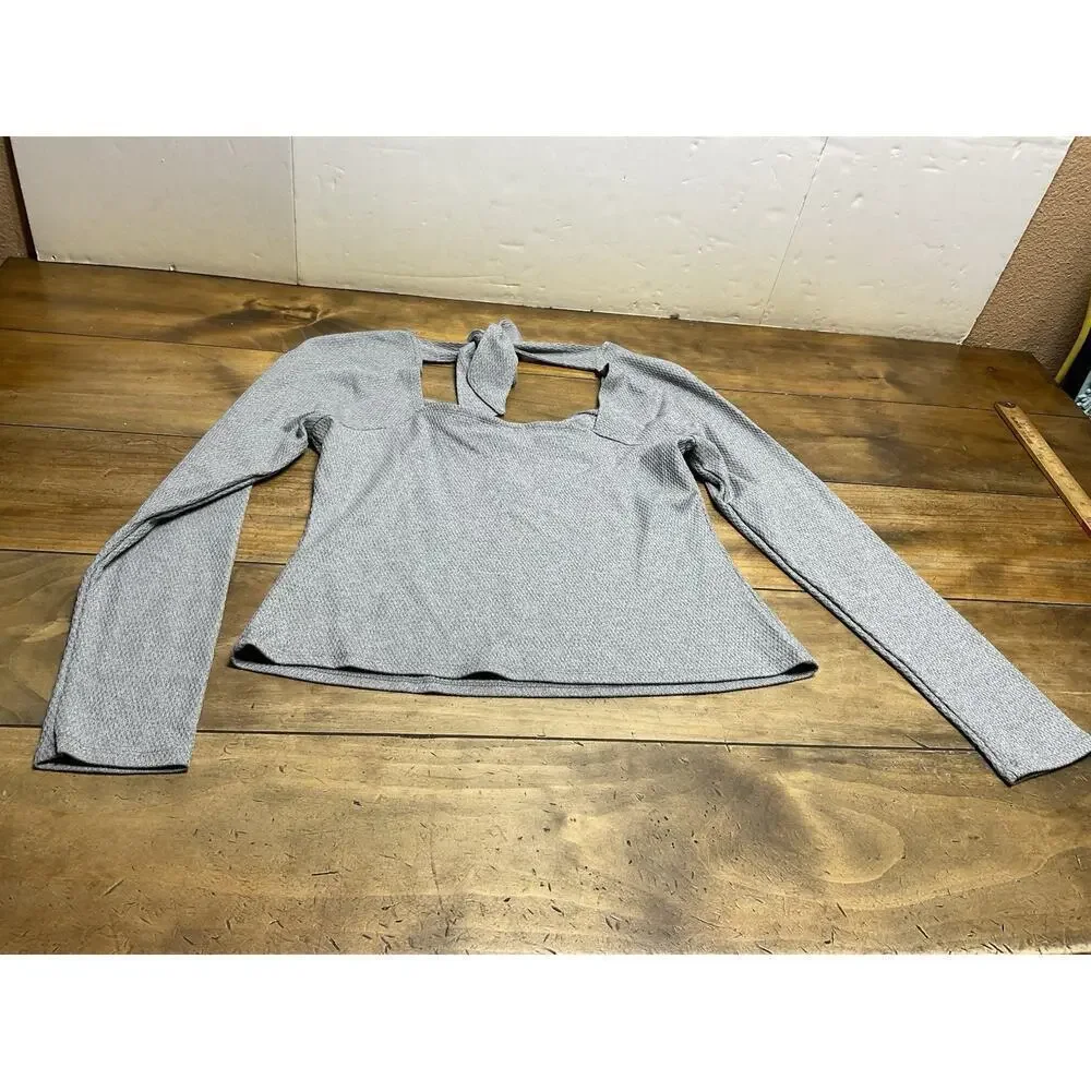 Pilcro Gray Waffle Knit Long Sleeve Notch Neck Top M Casual Minimal NWT - Picture 9 of 10